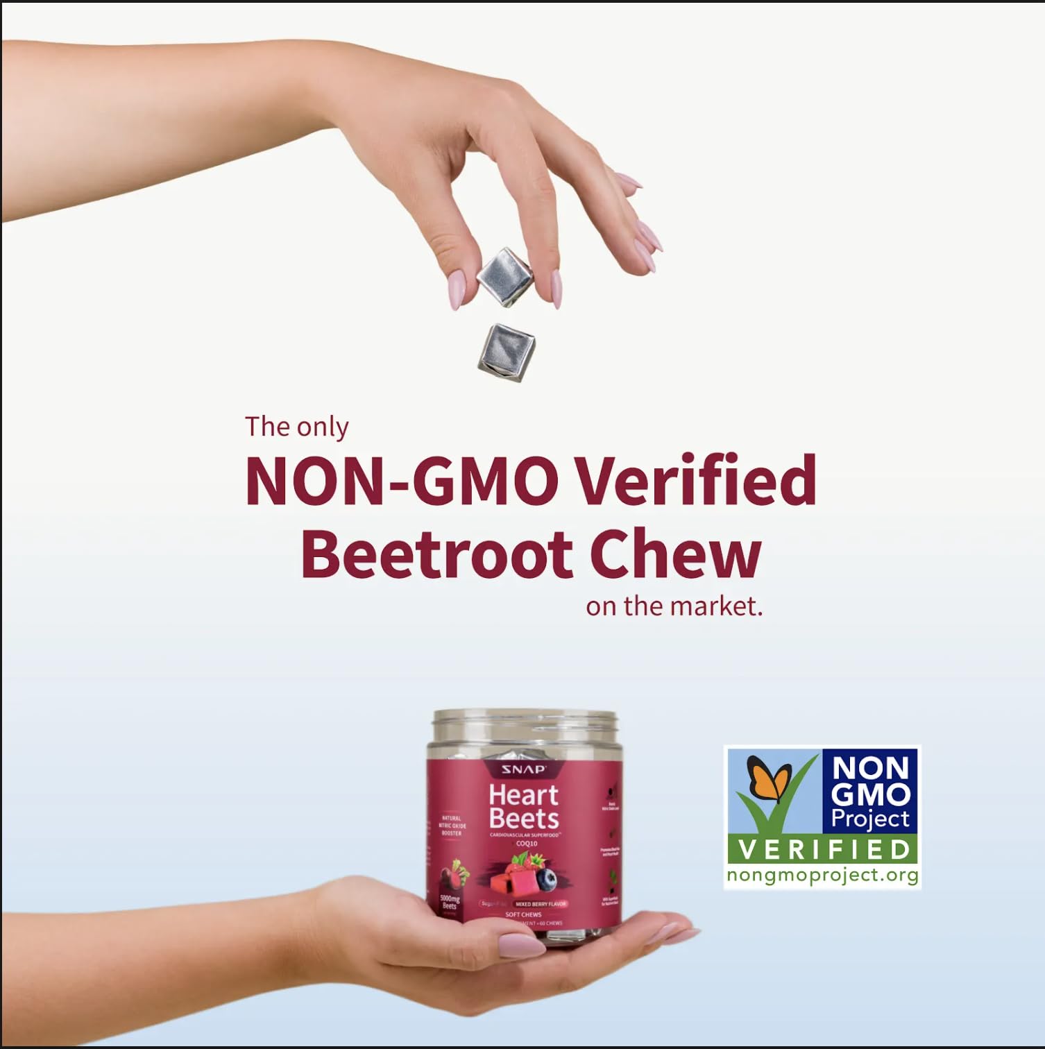 Dispensed Heart Beets chews shown for convenient on-the-go use.