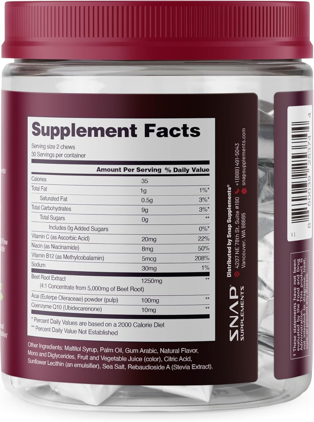 Front pack of Snap Supplements Heart Beets showcasing branding and sugar-free claim.