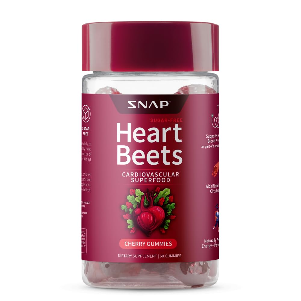 Snap Supplements Heart Beets bottle with gummies supports daily circulation.