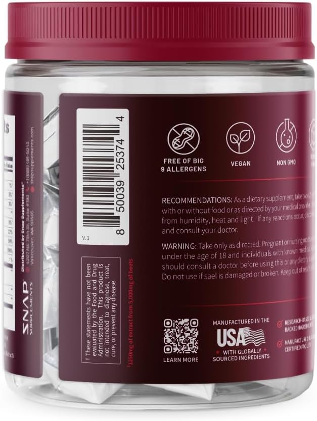 Nutrition facts panel from Heart Beets package detailing serving information.
