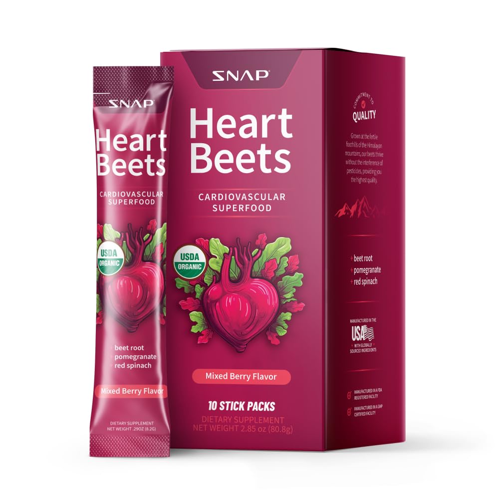 Snap Supplements Heart Beets stick pack in mixed berry ready for cardio support on the go.