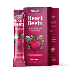 Snap Supplements Heart Beets stick pack in mixed berry ready for cardio support on the go.