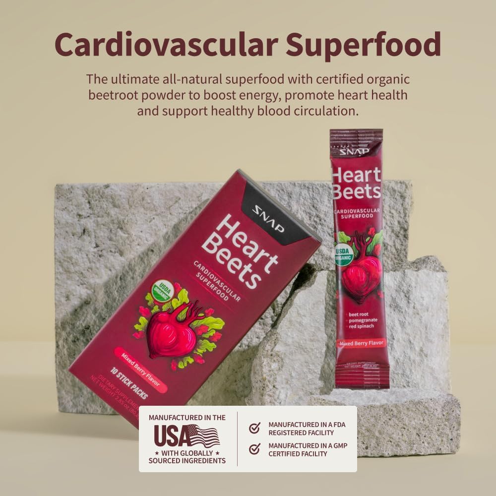 Single-stick Heart Beets travel pack displayed beside a backpack for portability.