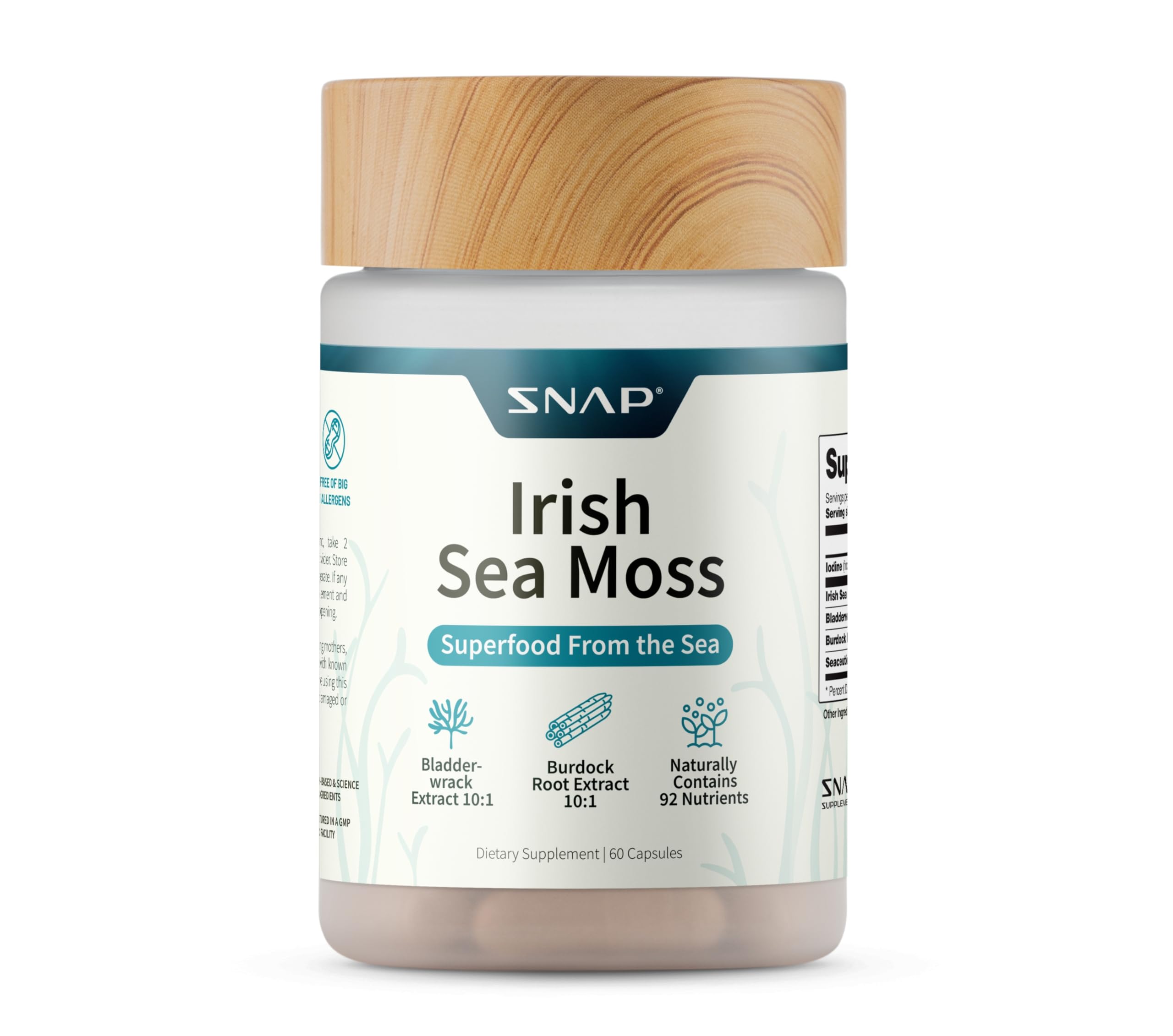 Snap Supplements Irish Sea Moss bottle showing capsules for daily wellness