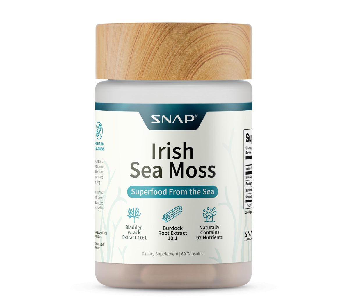 Snap Supplements Irish Sea Moss bottle showing capsules for daily wellness