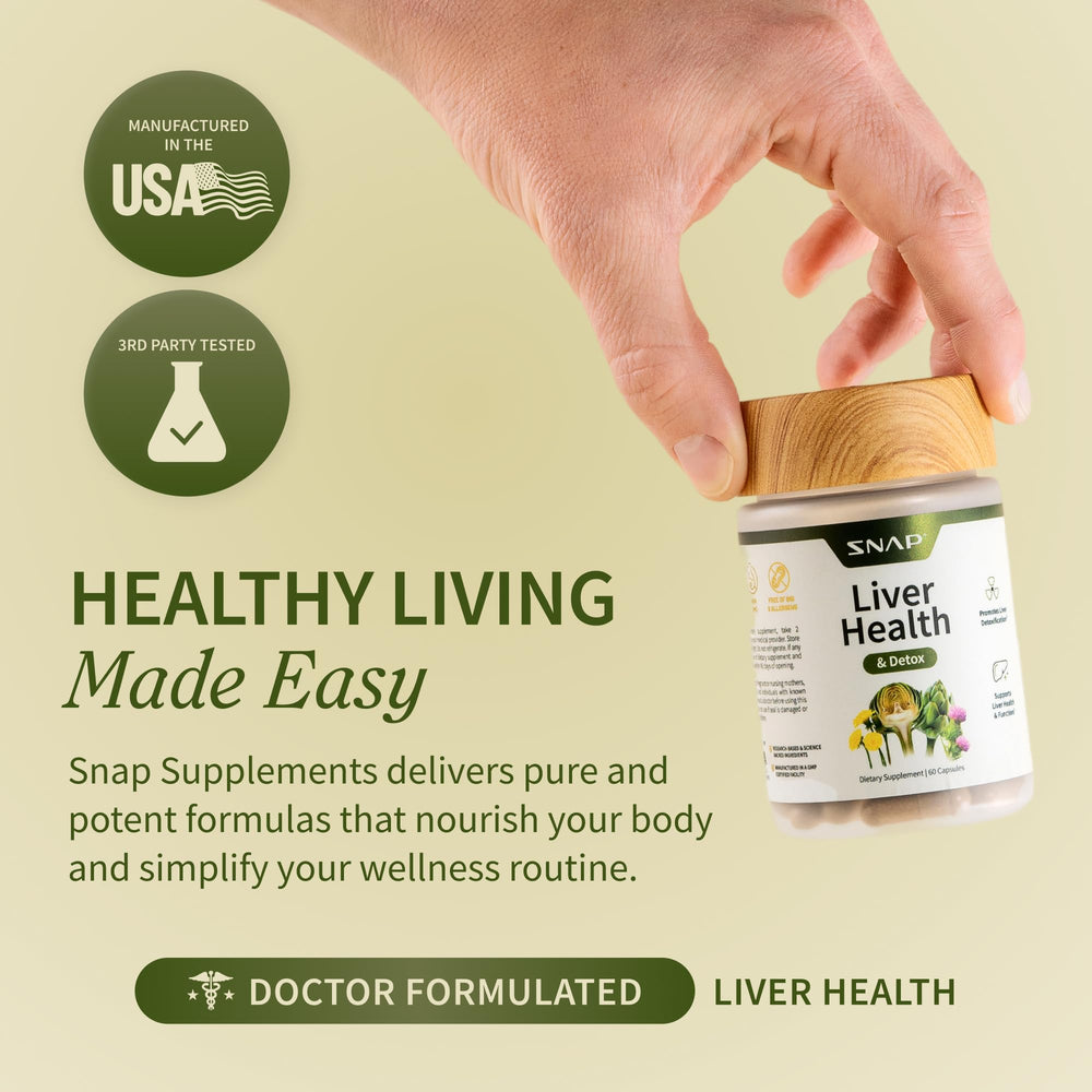 Snap Supplements Made-in-USA Label on bottle emphasizes quality manufacturing.