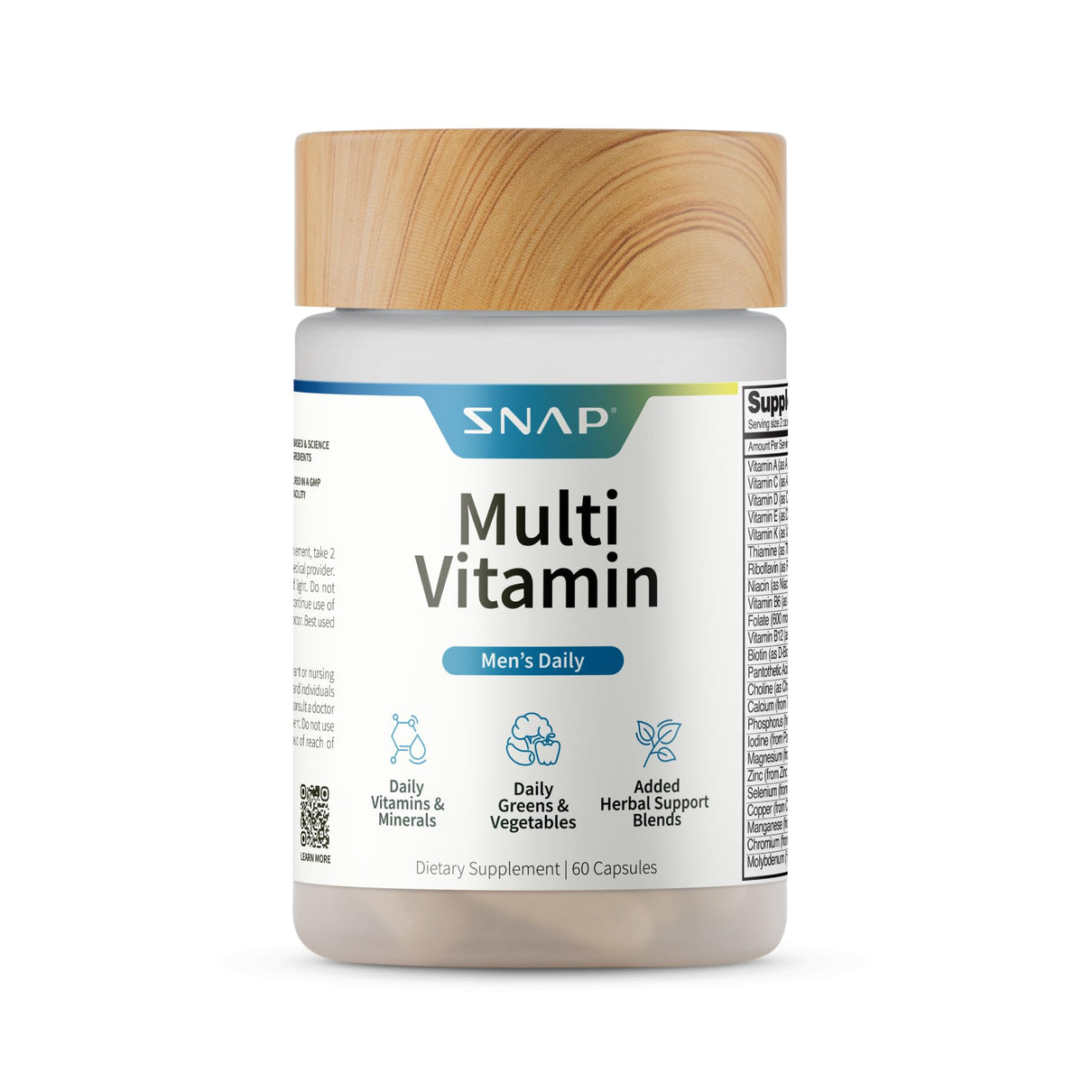 Snap Supplements Men's Multivitamins bottle front signaling daily energy and immune-supporting option