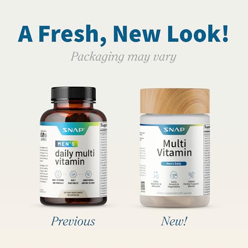 Snap Supplements Men's Multivitamins bottle label highlighting essential nutrients for everyday vitality