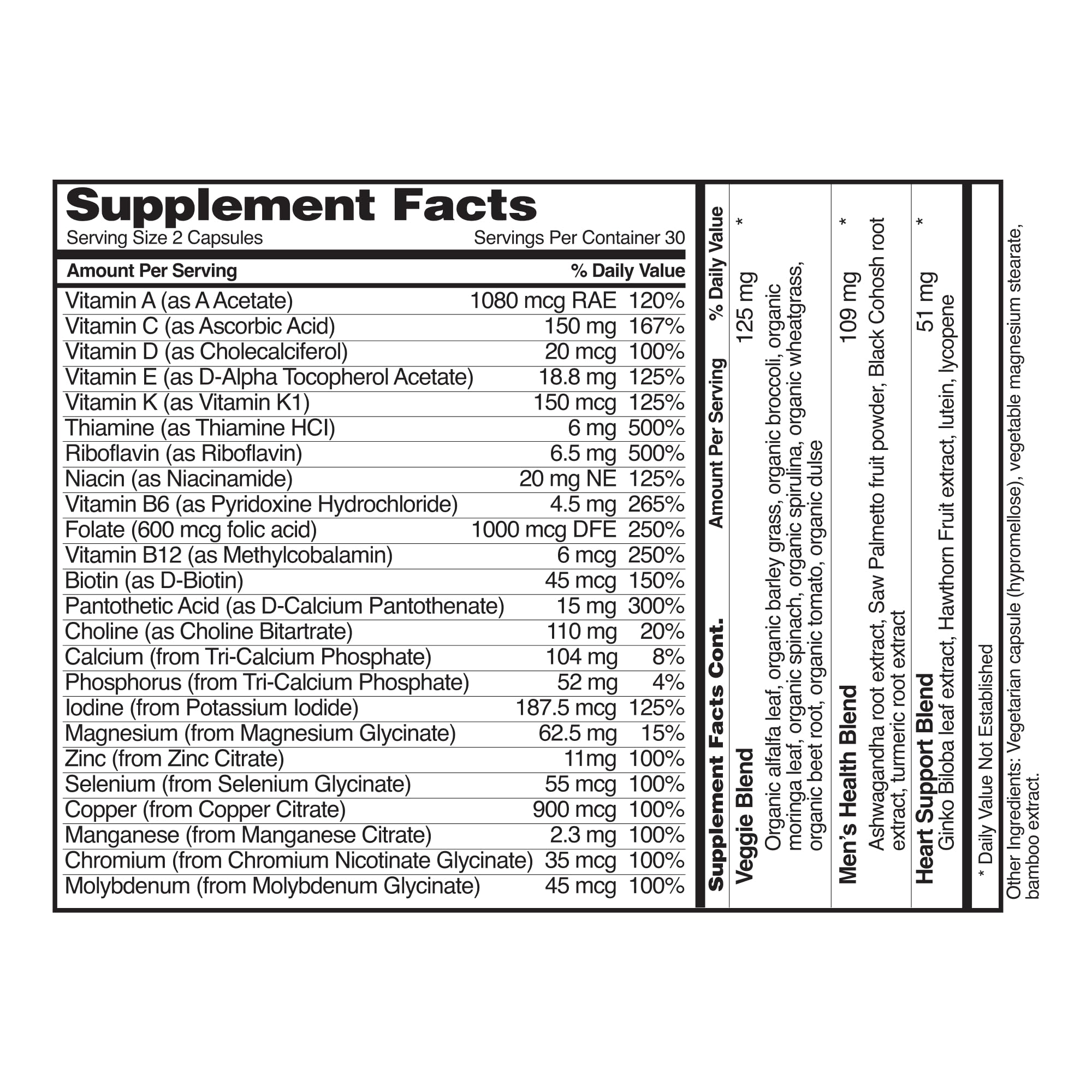 Snap Supplements Men's Multivitamins packaging inside showing value with 60 capsules
