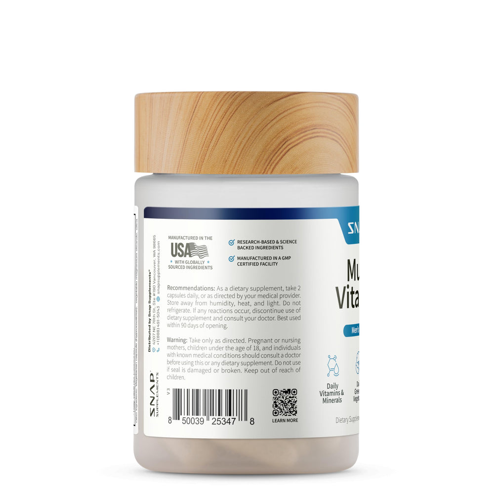 Snap Supplements Men's Multivitamins supplement facts providing clear nutritional information