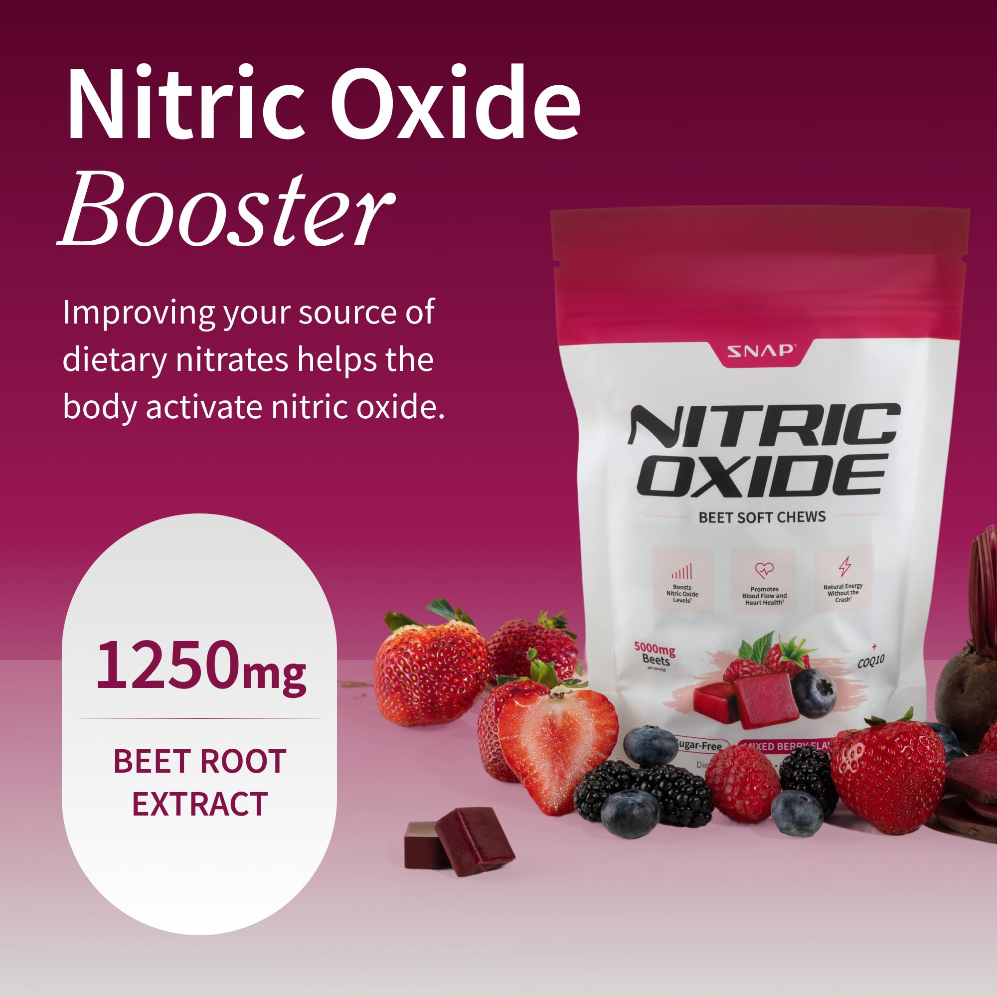 Snap Supplements Nitric Oxide Beet chews close-up highlights vibrant flavor and caffeine-free vitality.