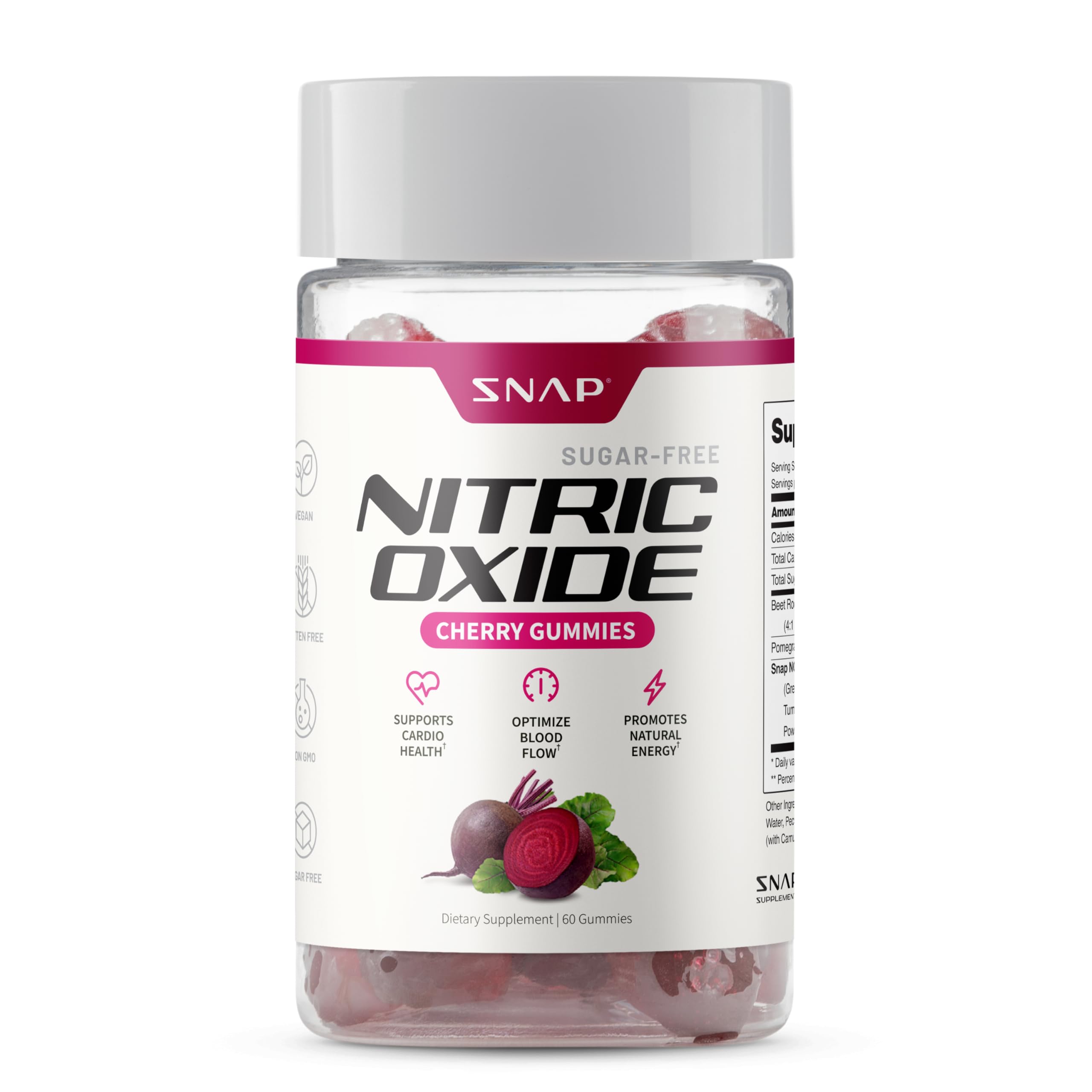 Snap Supplements Nitric Oxide Beet Root Gummies pack shot for natural energy support