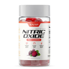 Snap Supplements Nitric Oxide Beet Root Gummies pack shot showing peach flavor and energy support
