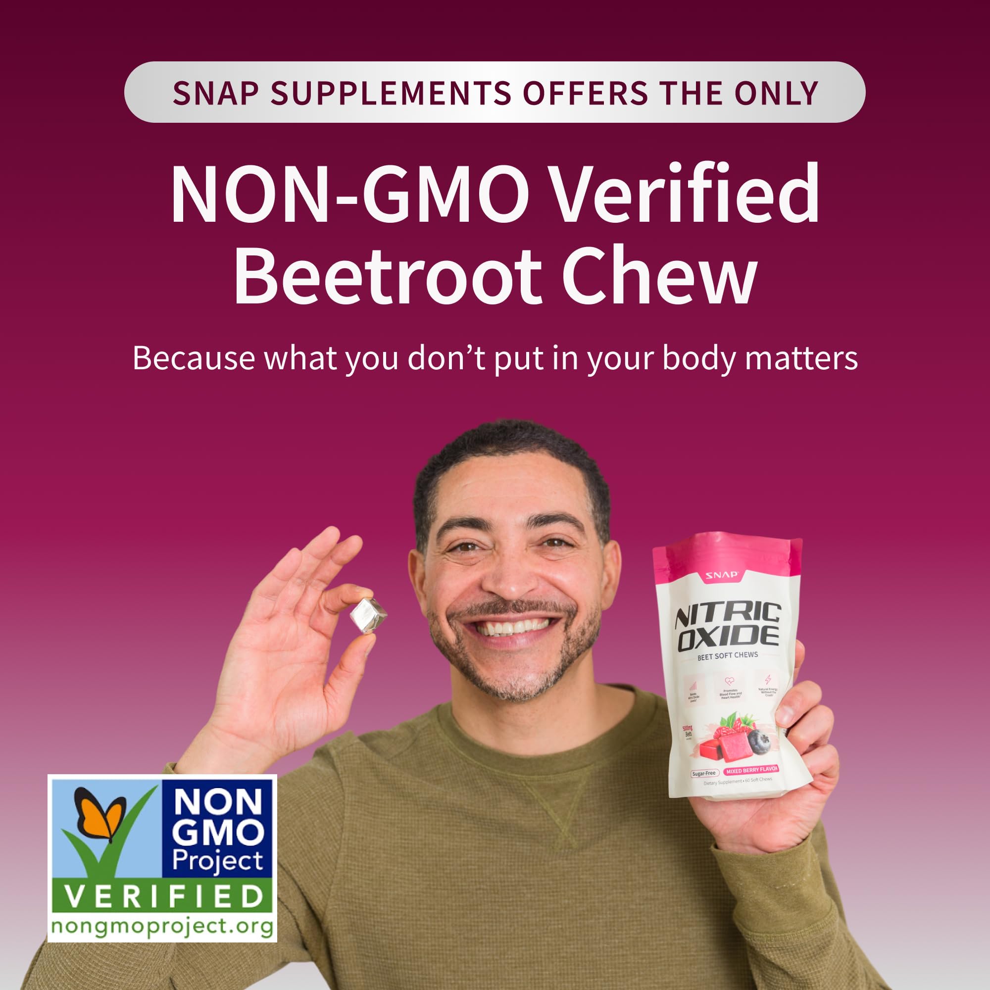Snap Supplements Nitric Oxide Beet packaging highlights vegan-friendly, non-GMO, and gluten-free benefits.