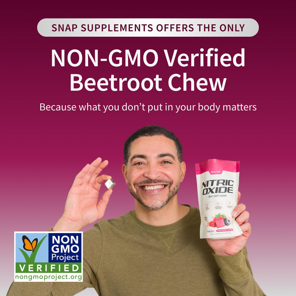 Snap Supplements Nitric Oxide Beet packaging highlights vegan-friendly, non-GMO, and gluten-free benefits.