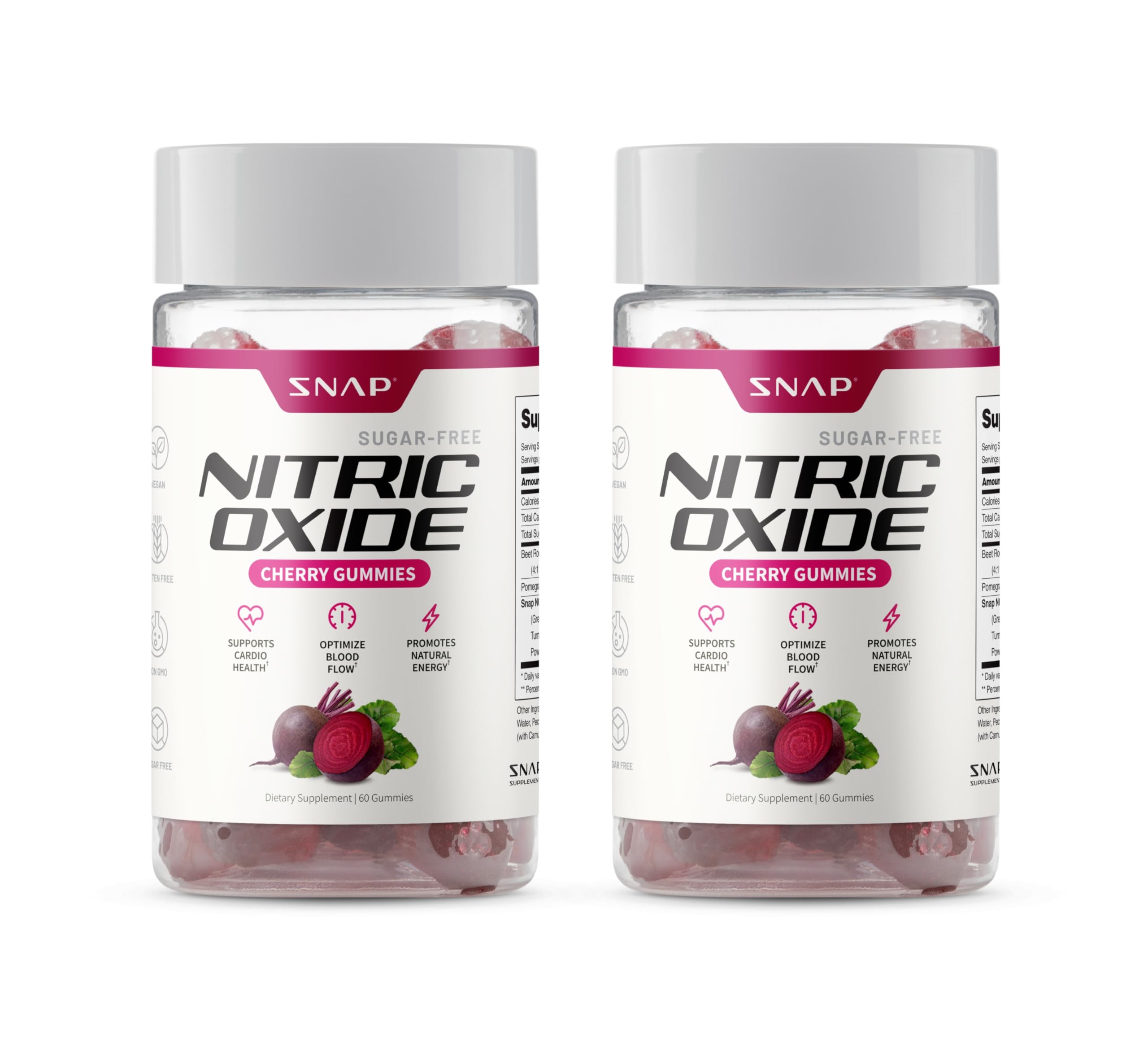 Snap Supplements Nitric Oxide Beet Root Gummies cherry bottle showing 60-count for daily energy