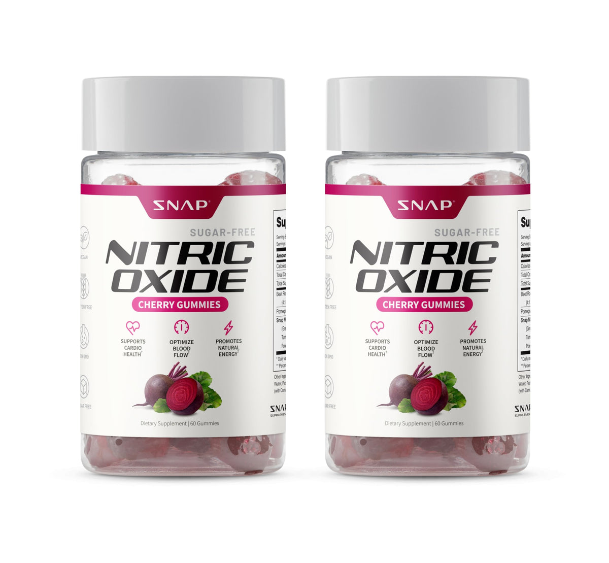 Snap Supplements Nitric Oxide Beet Root Gummies cherry bottle showing 60-count for daily energy