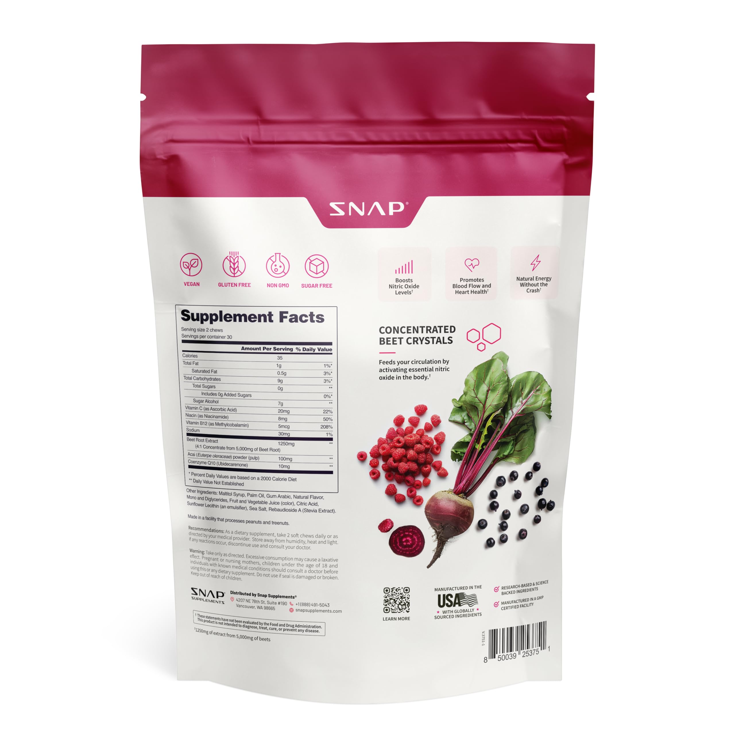 Snap Supplements Nitric Oxide Beet jar on shelf communicates a plant-based energy option.