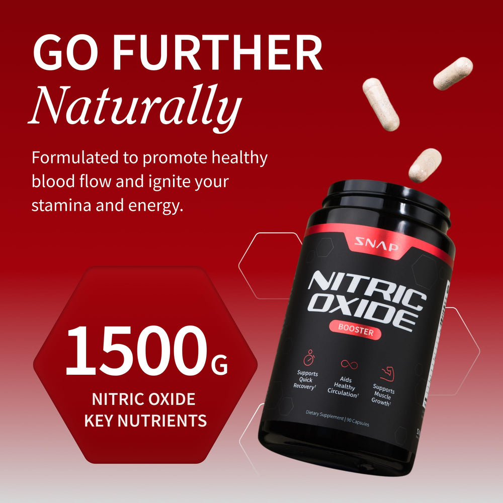Snap Supplements Nitric Oxide capsules closeup—L-Arginine blend supports circulation