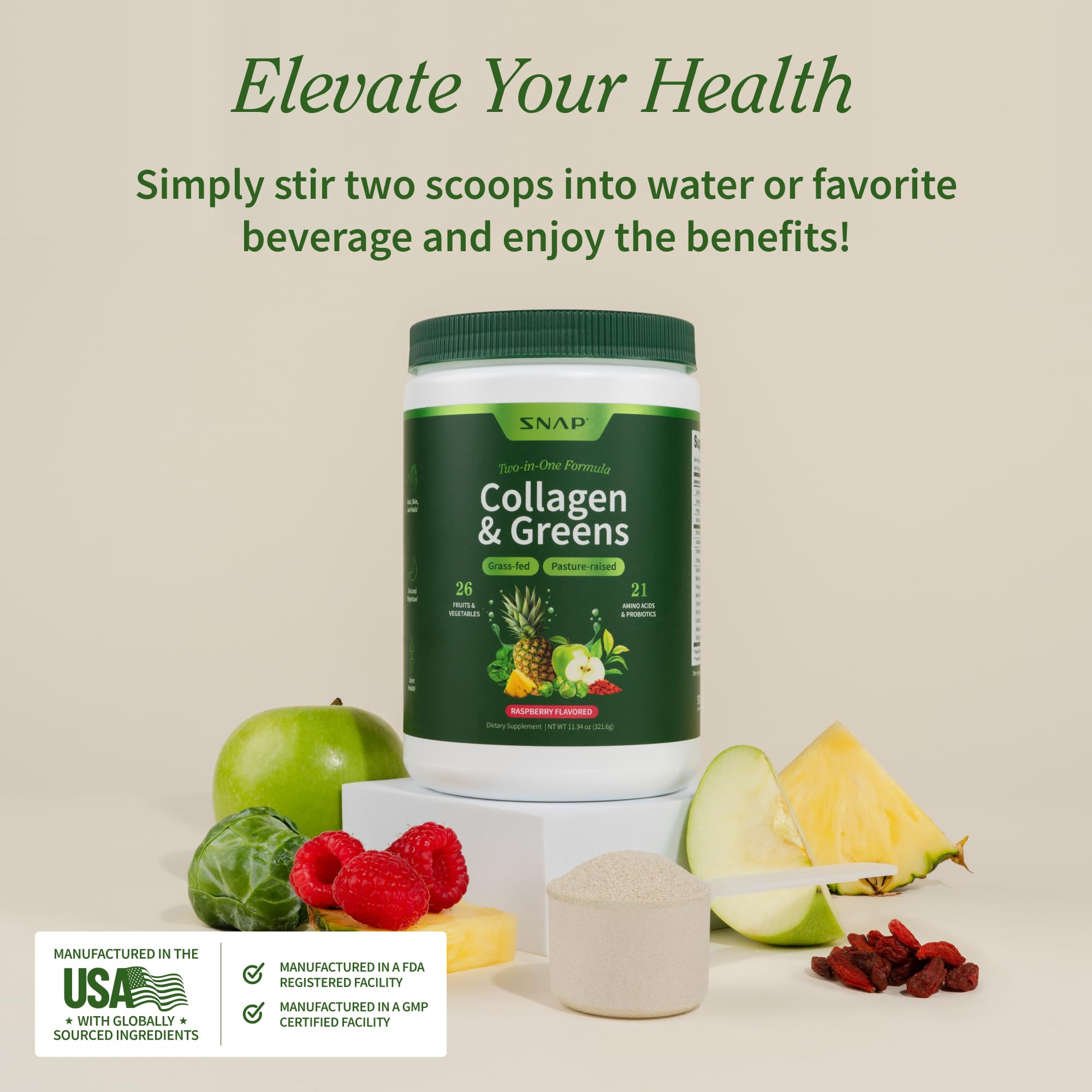 Snap Supplements Non-GMO and grass-fed seal underscoring clean sourcing.