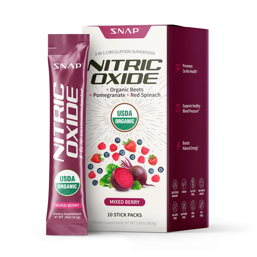 Snap Supplements Organic Beet Root Bottle shows nitrate-rich formula for circulation support