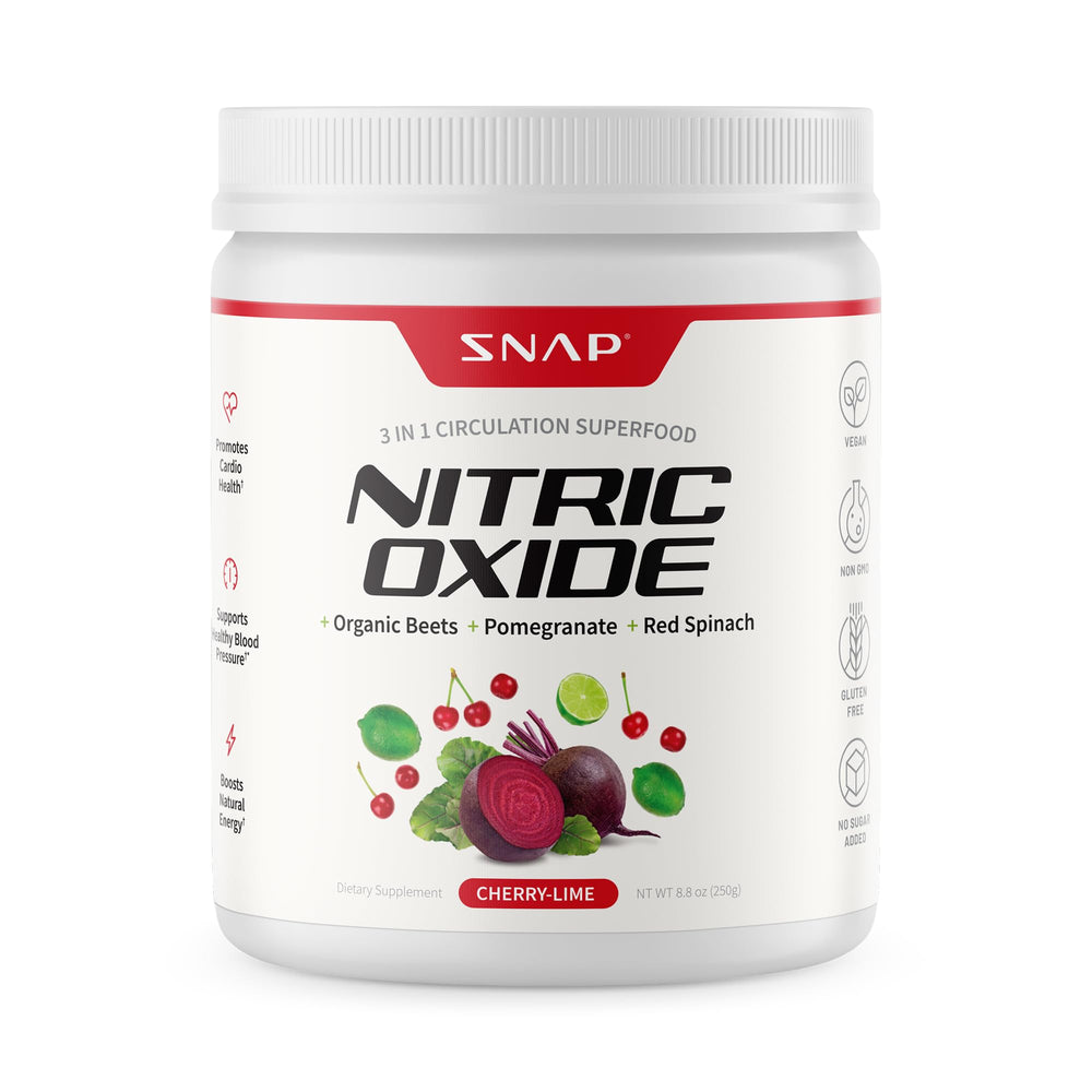 Snap Supplements organic beet root powder bottle on counter for everyday use