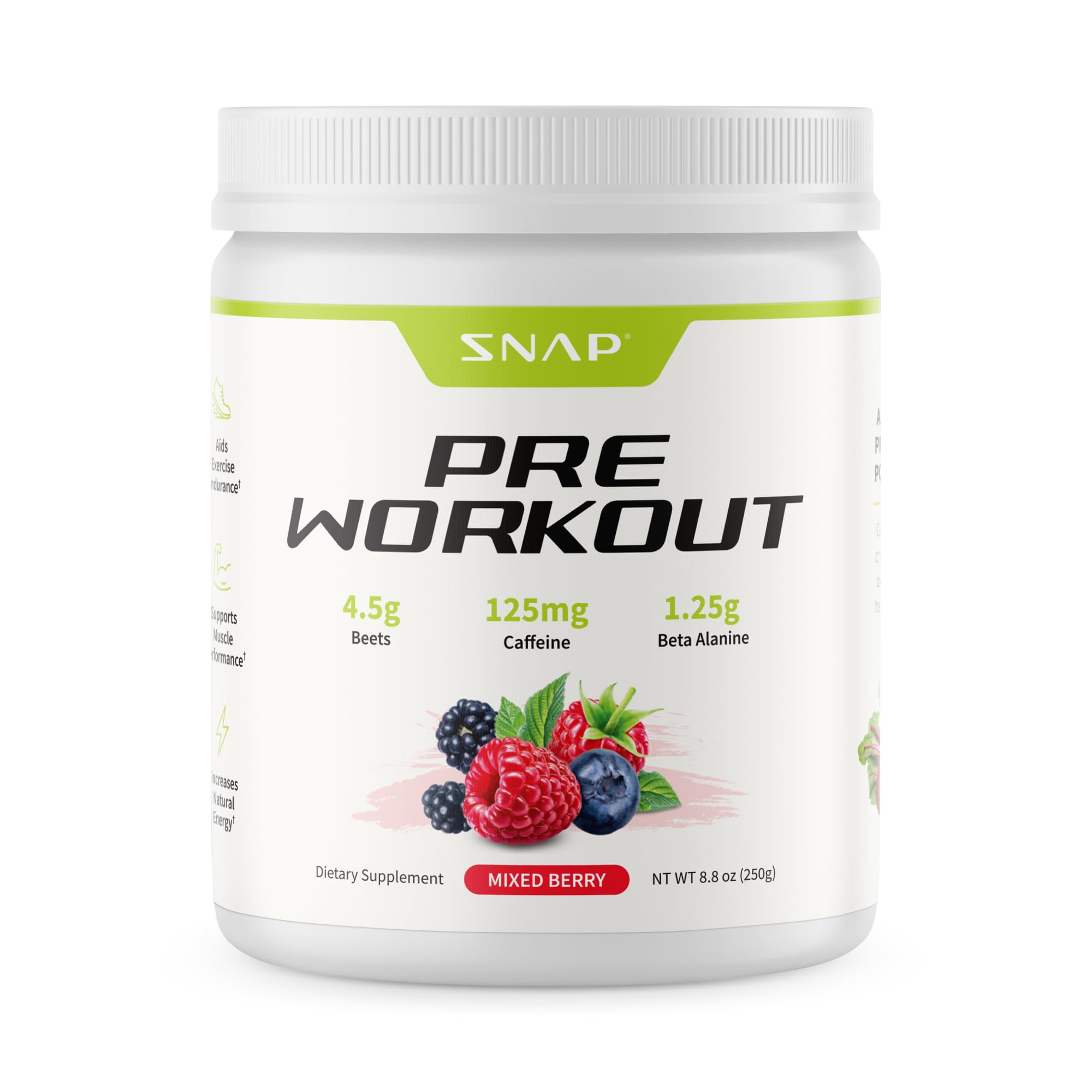 Snap Supplements pre-workout beet root powder bottle boosts clean energy for workouts