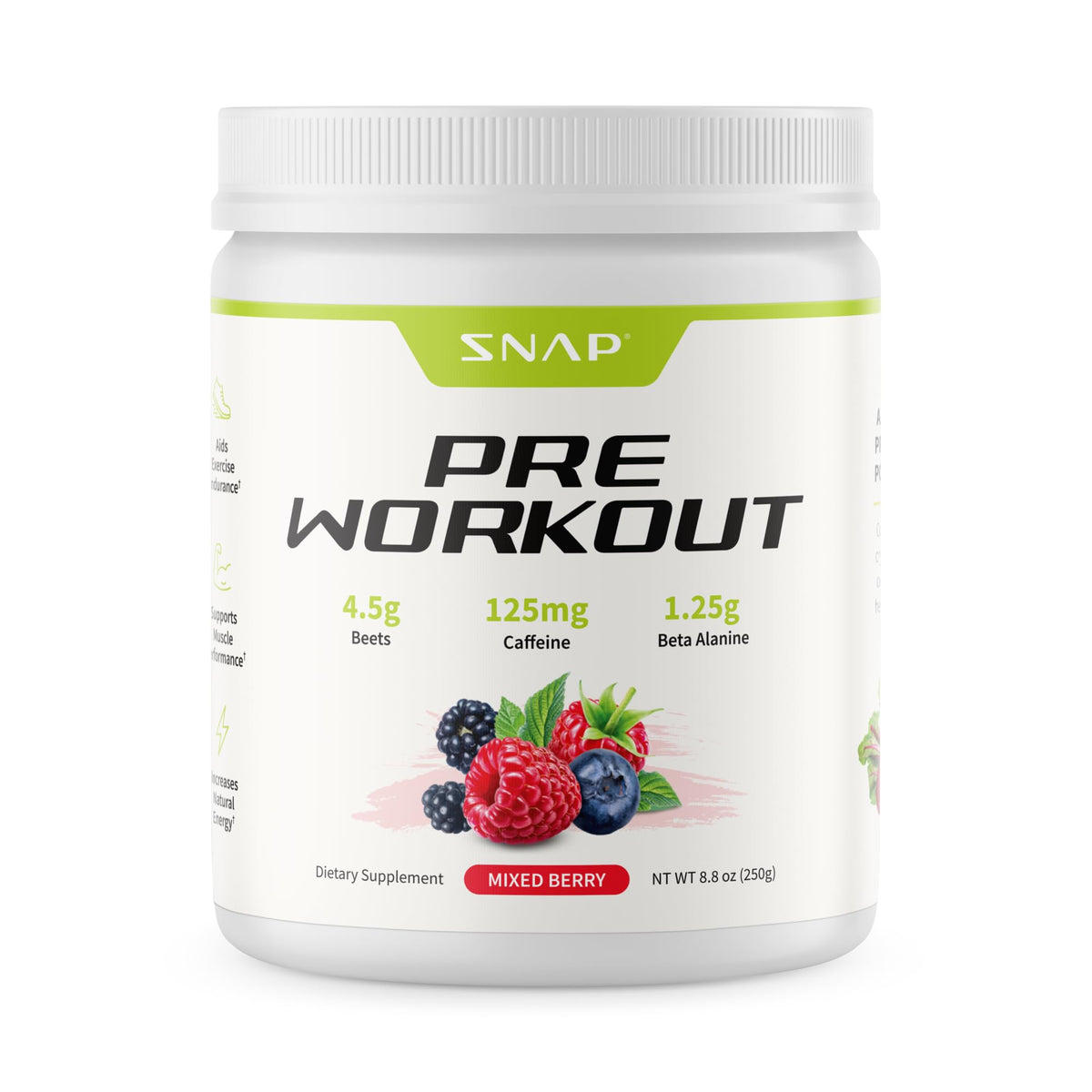 Snap Supplements pre-workout beet root powder bottle boosts clean energy for workouts