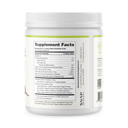 Beet root pre-workout powder on kitchen counter with bottle