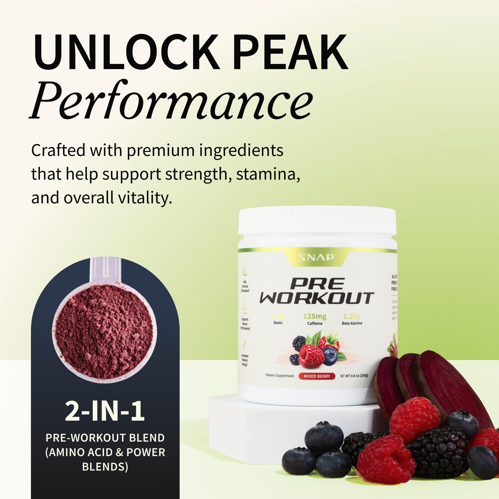 Scoop beside Snap Supplements beet root pre-workout powder for precise dosing