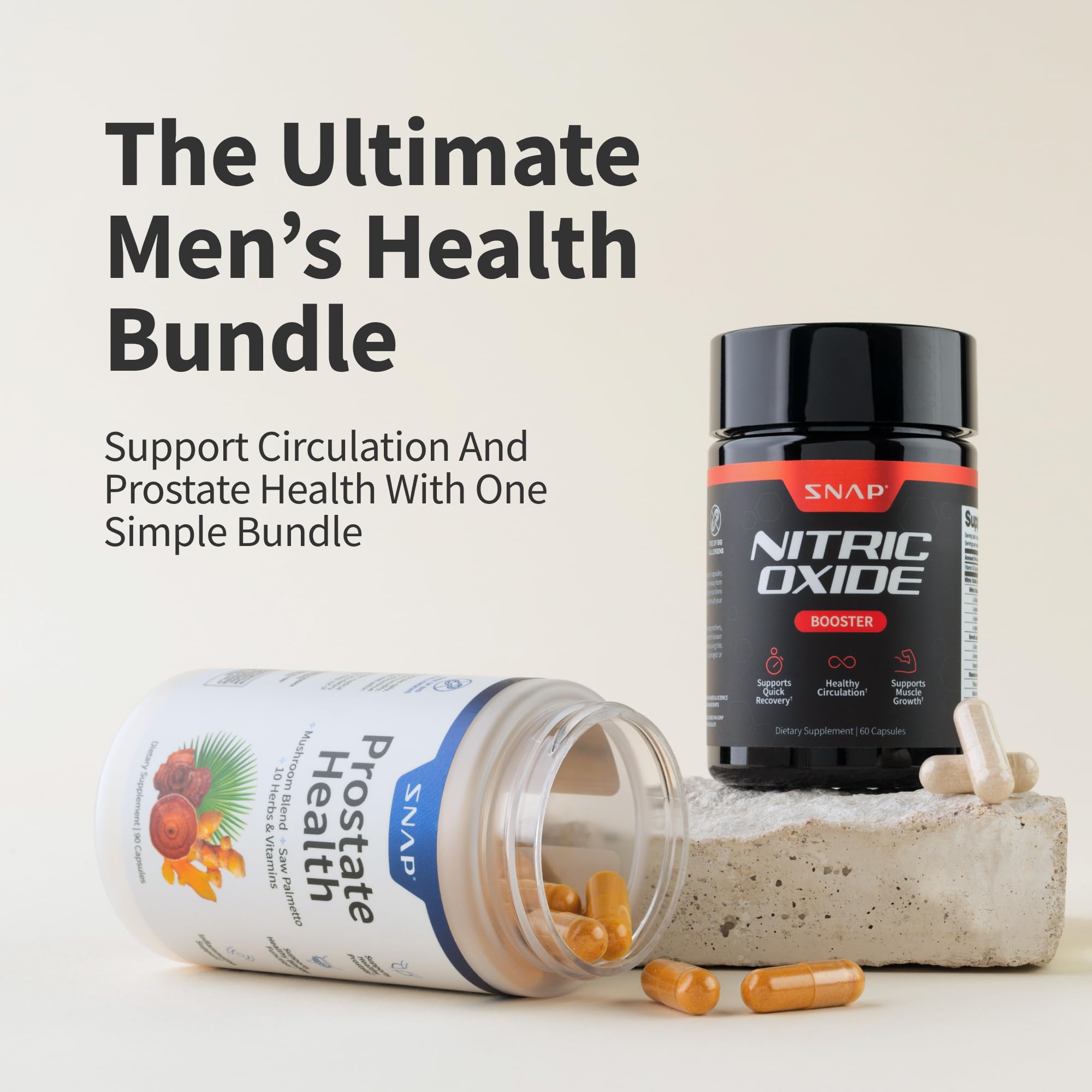 Prostate Health bottle shows mushrooms and turmeric imagery for antioxidant support.