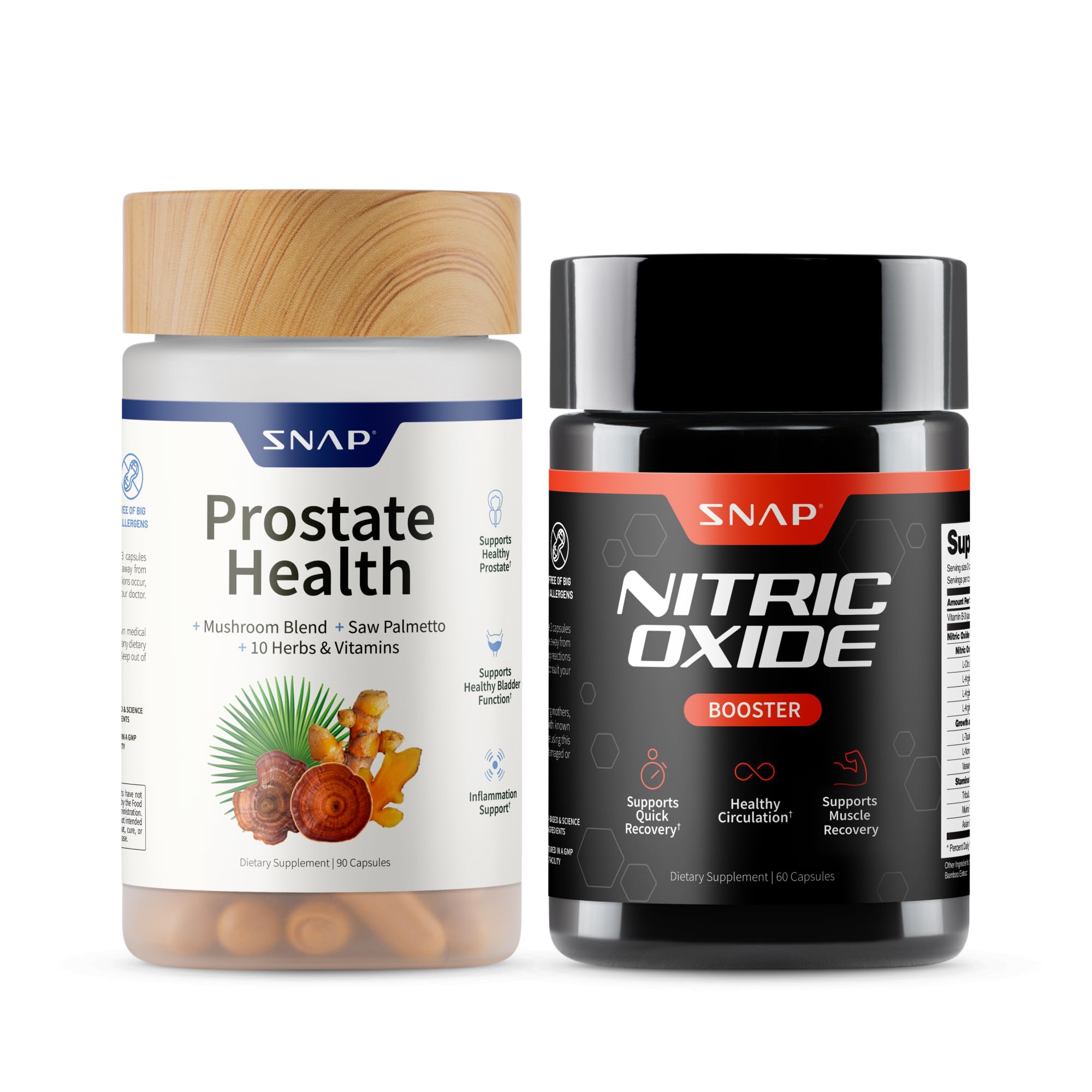 Snap Supplements Prostate Health and Nitric Oxide bundle front label for daily vitality.