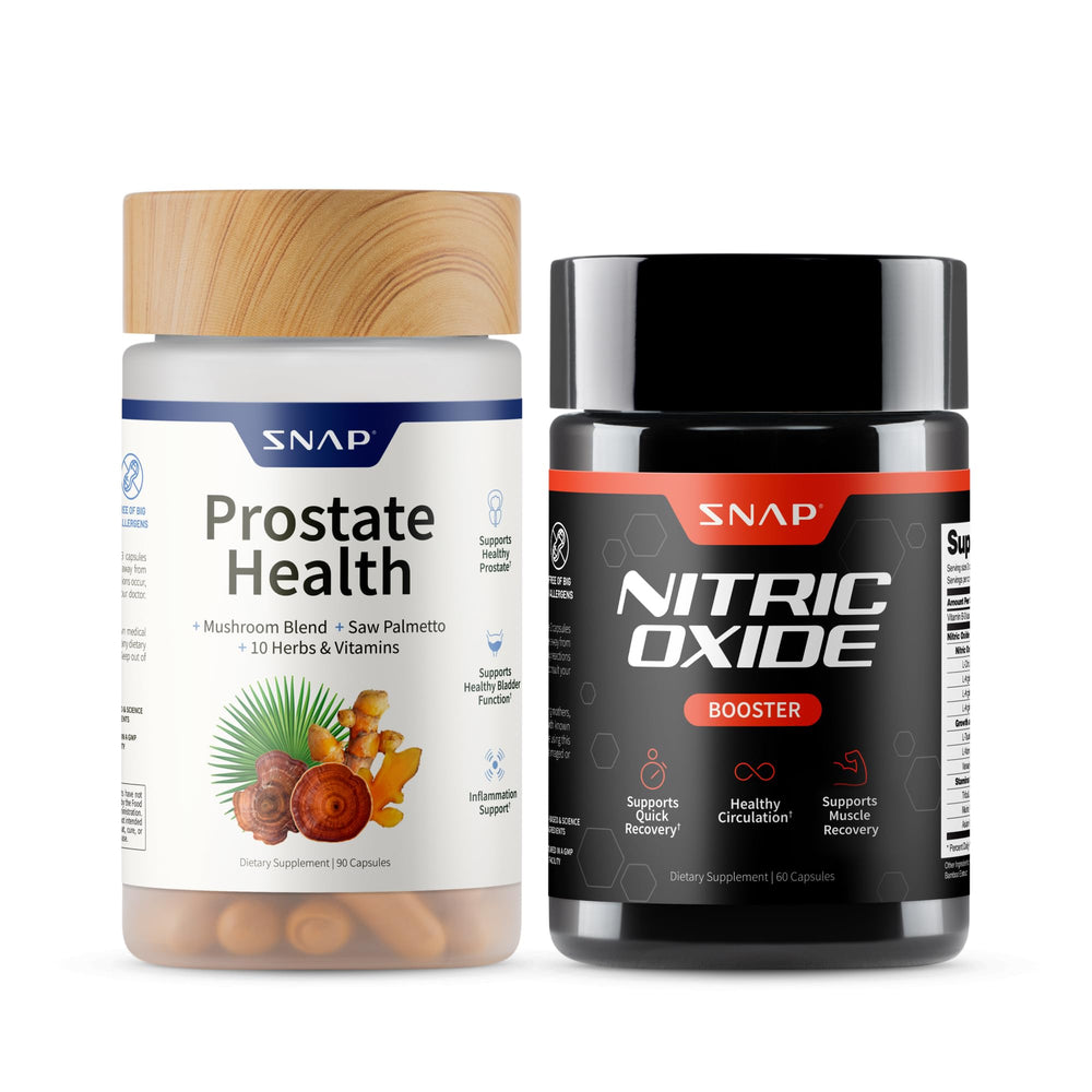 Snap Supplements Prostate Health and Nitric Oxide bundle front label for daily vitality.