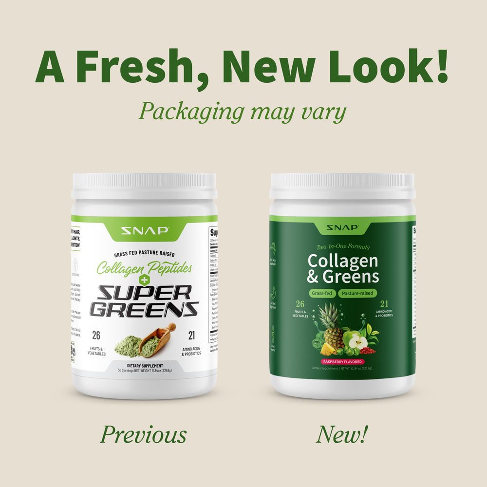Snap Supplements Super Greens Powder tub back label displaying nutrition details and clean ingredients.