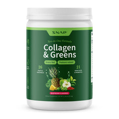 Snap Supplements Super Greens Powder tub front showing vibrant packaging for daily energy support.