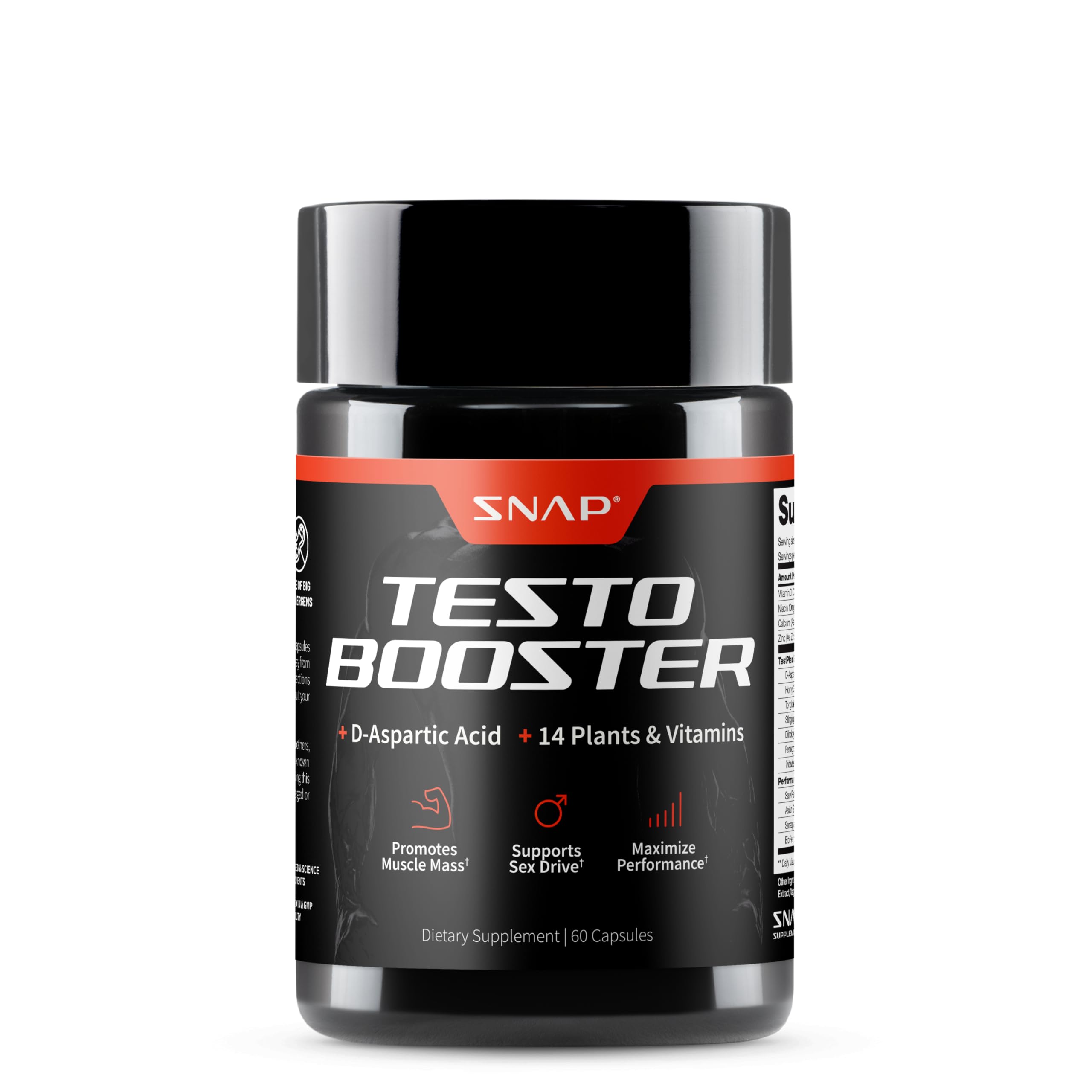 Snap Supplements Testo Booster bottle shows natural energy support for workouts