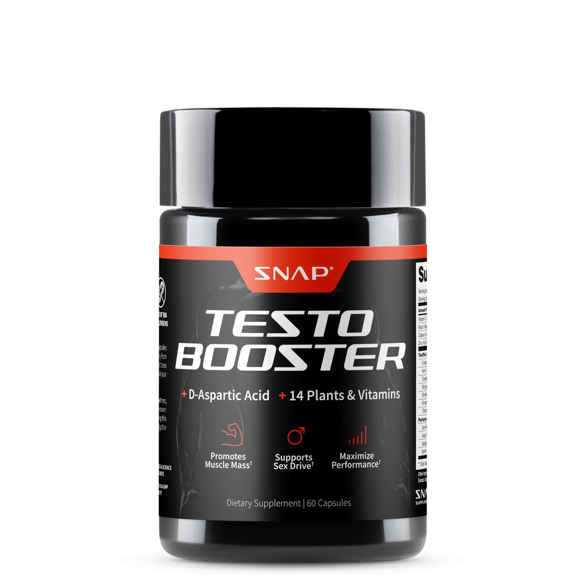 Snap Supplements Testo Booster bottle shows natural energy support for workouts