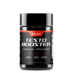 Snap Supplements Testo Booster bottle shows natural energy support for workouts
