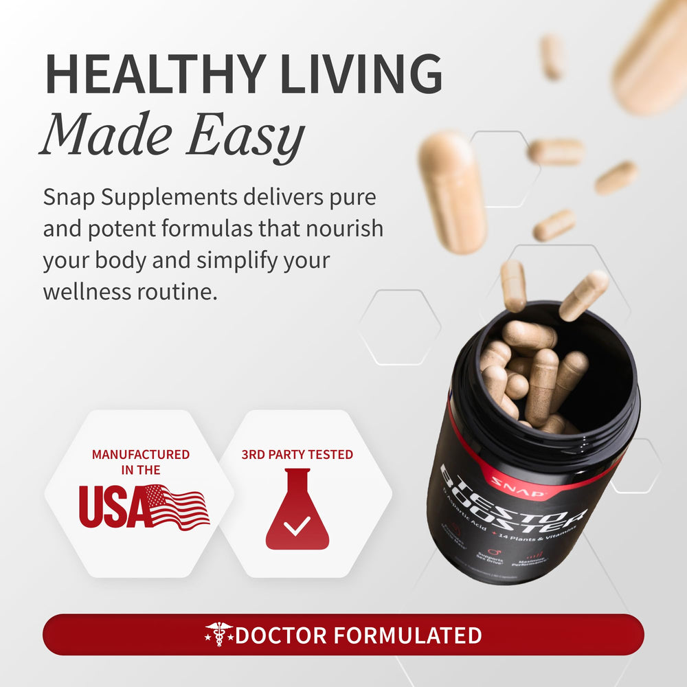 Front view of Snap Supplements Testo Booster bottle with clean label