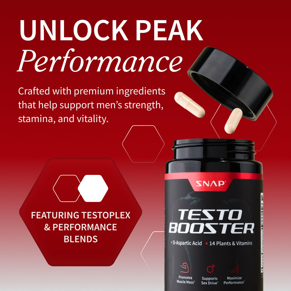 Snap Supplements Testo Booster label highlights key ingredients for daily vitality