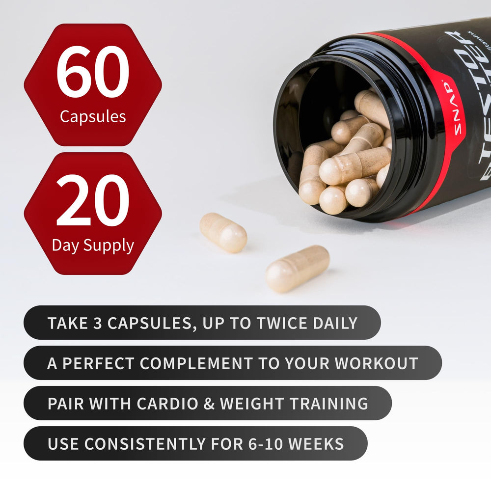 Bottle of Snap Supplements Testo Booster being poured into hand