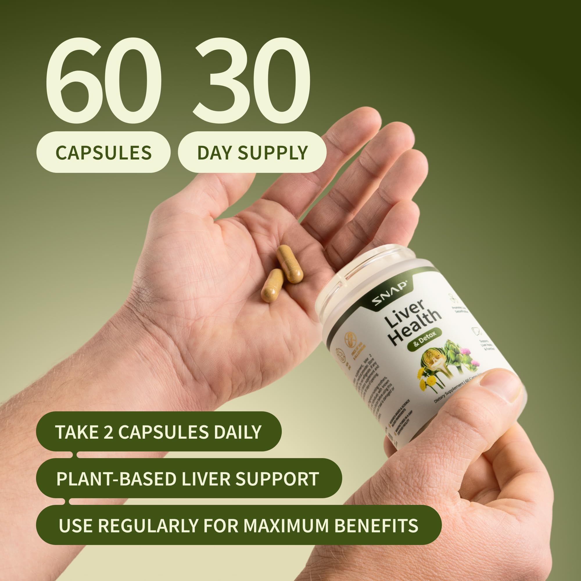 Snap Supplements Vegan Gluten-Free Non-GMO badge highlights allergen-friendly formula.