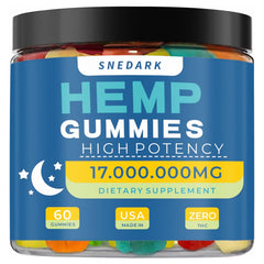SNEDARK hemp gummies bottle close-up promoting relaxation and calm.