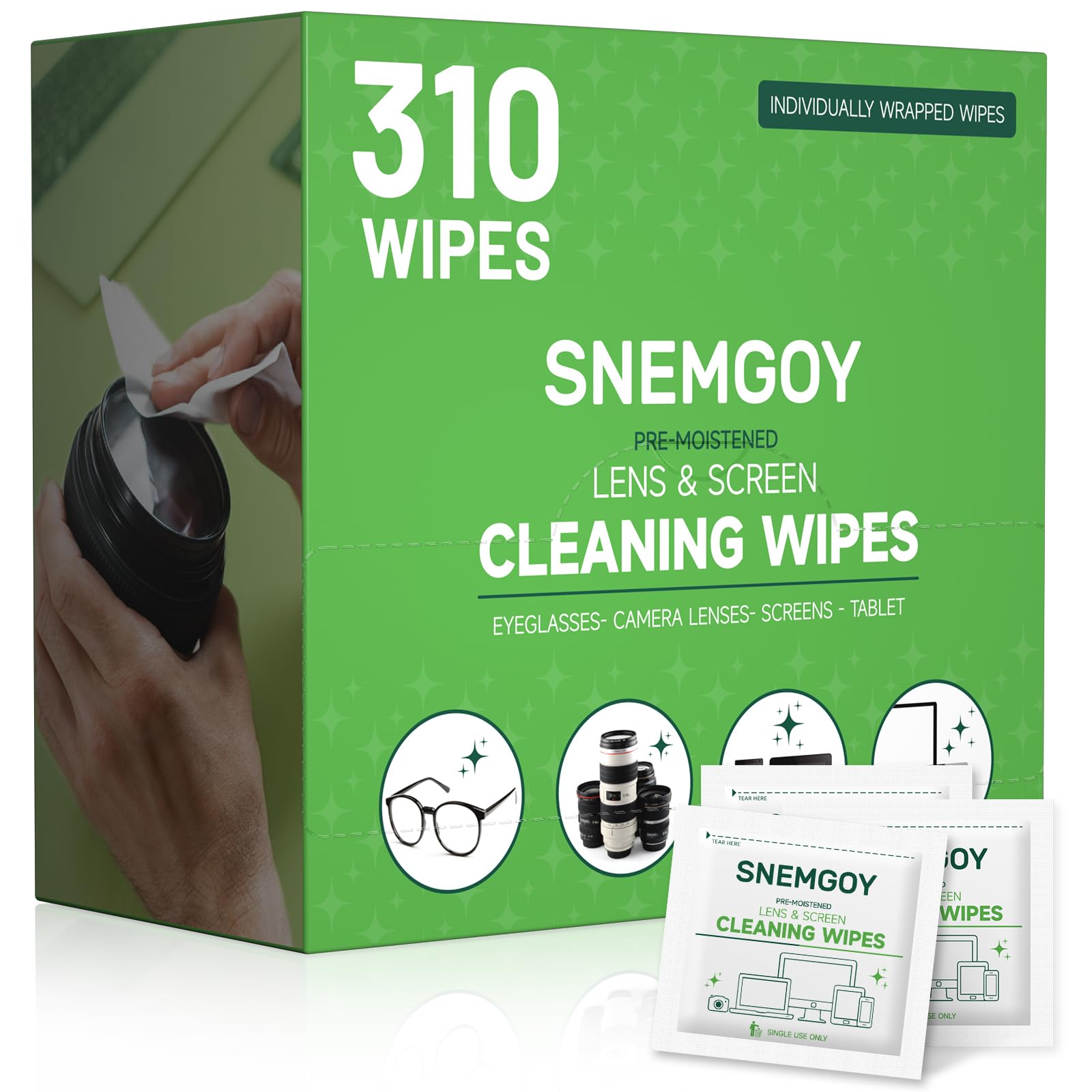 SNEMGOY glasses wipes, pre-moistened and wrapped for on-the-go cleaning of lenses