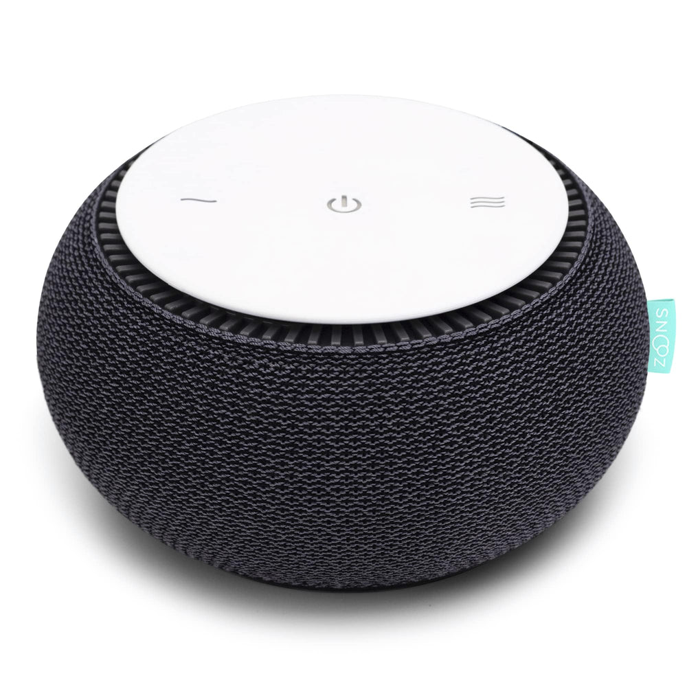 SNOOZ real-fan-inside white noise device offers natural sleep masking.