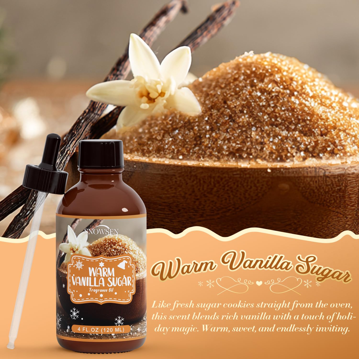 SNOWSEN amber glass bottle preserves freshness for lasting vanilla fragrance.