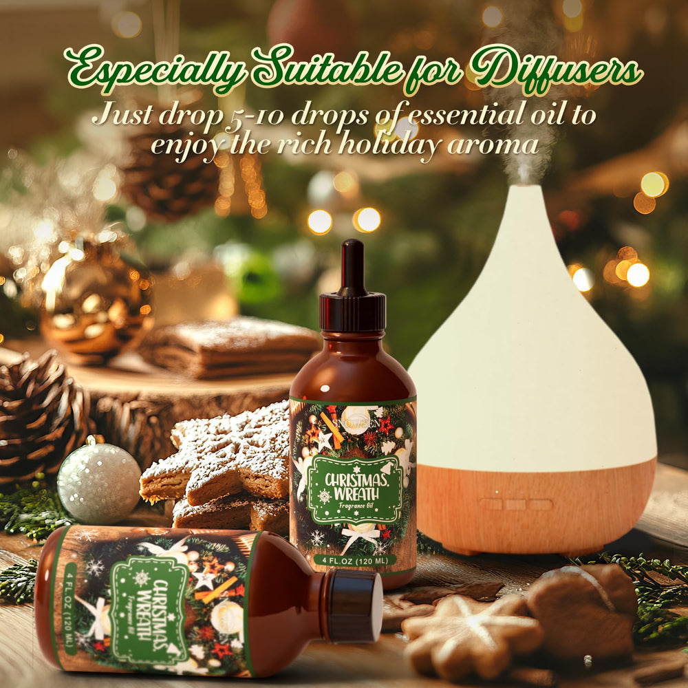 SNOWSEN Christmas Wreath oil beside diffuser ready for room ambience.