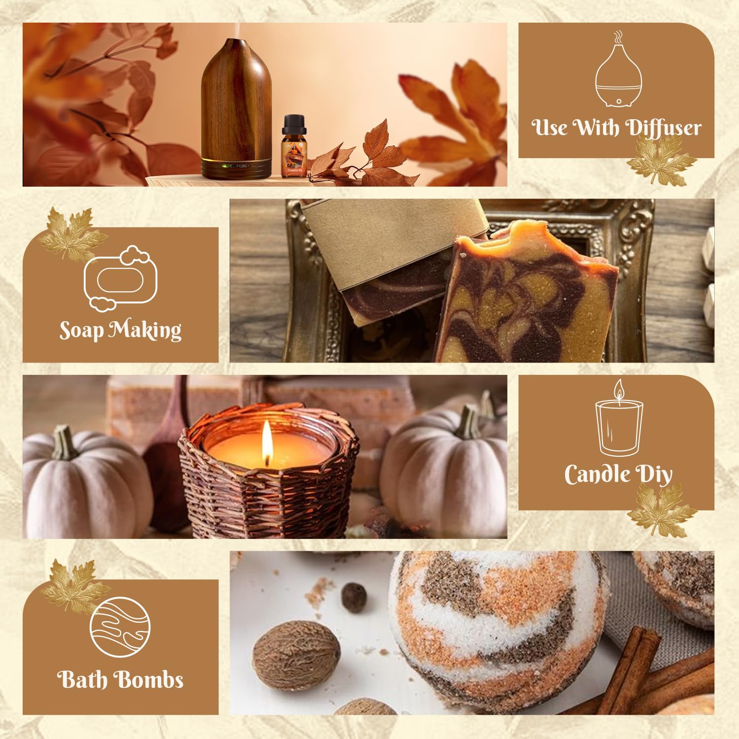 SNOWSEN Cinnamon essential oil bottle for warm autumn ambiance.
