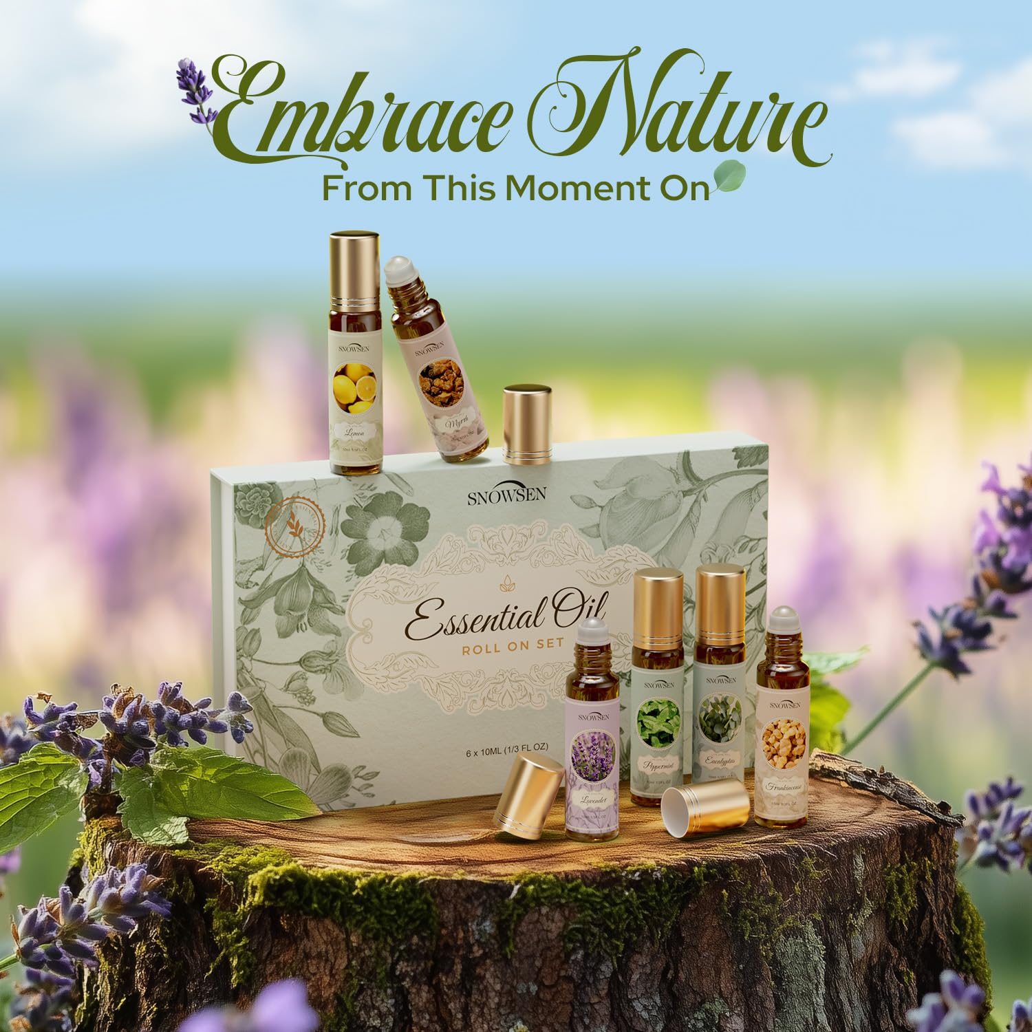 SNOWSEN Myrrh roll-on bottle helps calm stress and centered feeling.