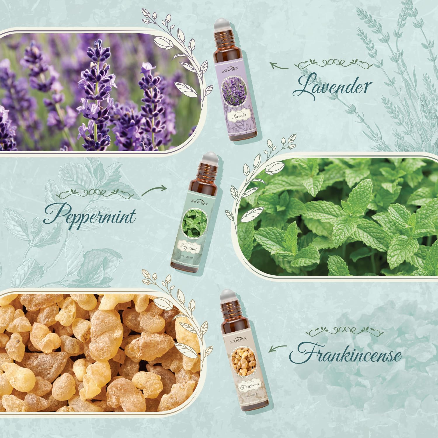 SNOWSEN Peppermint roll-on bottle ideal for cooling relief and focus.